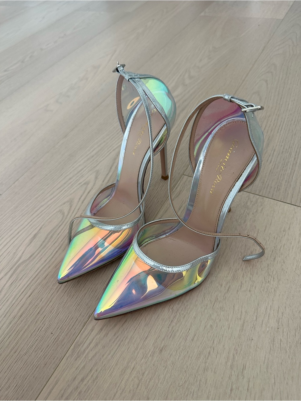 Gianvito Rossi Iridescent Pointed-Toe Ankle-Strap Heels - Picture 1 of 4